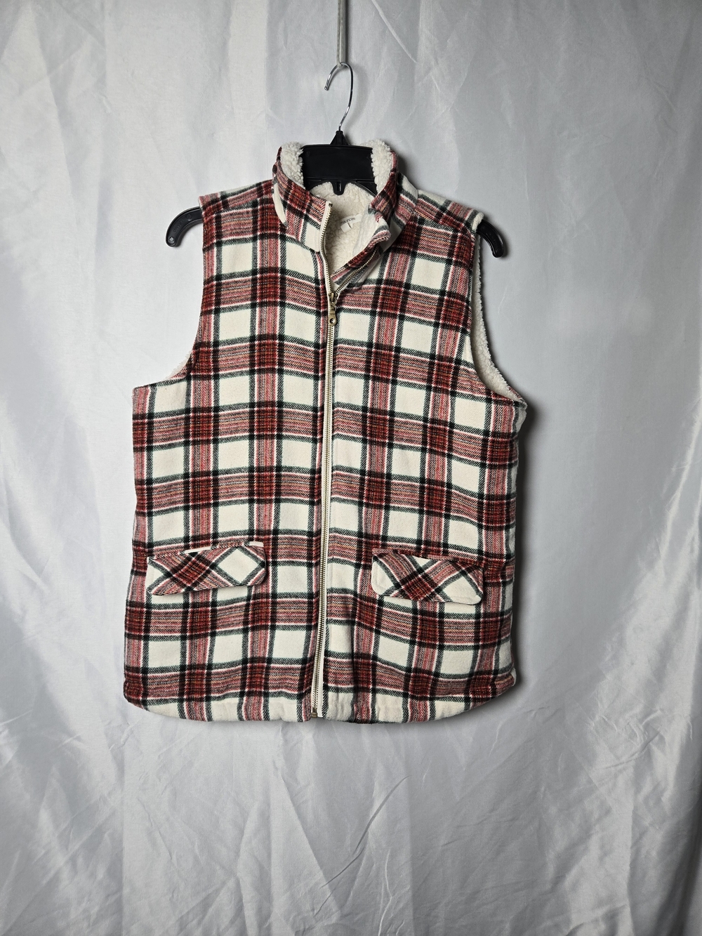 Maurices Red & Cream Plaid Sherpa-Lined Vest